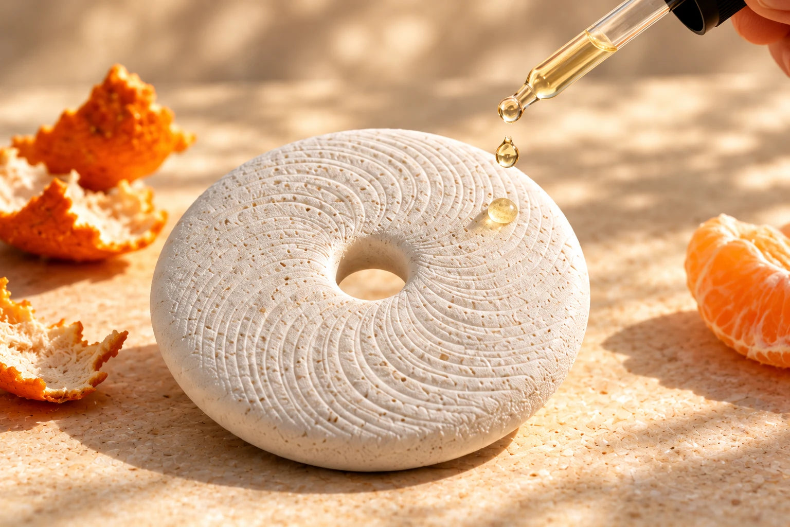 A glass pipette applying a golden drop of fragrance oil to a textured white aroma stone