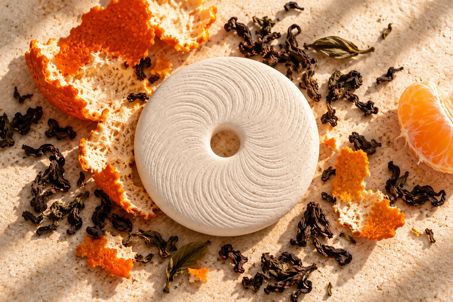 Granular white circular aroma stone with a central opening and spiral grooves