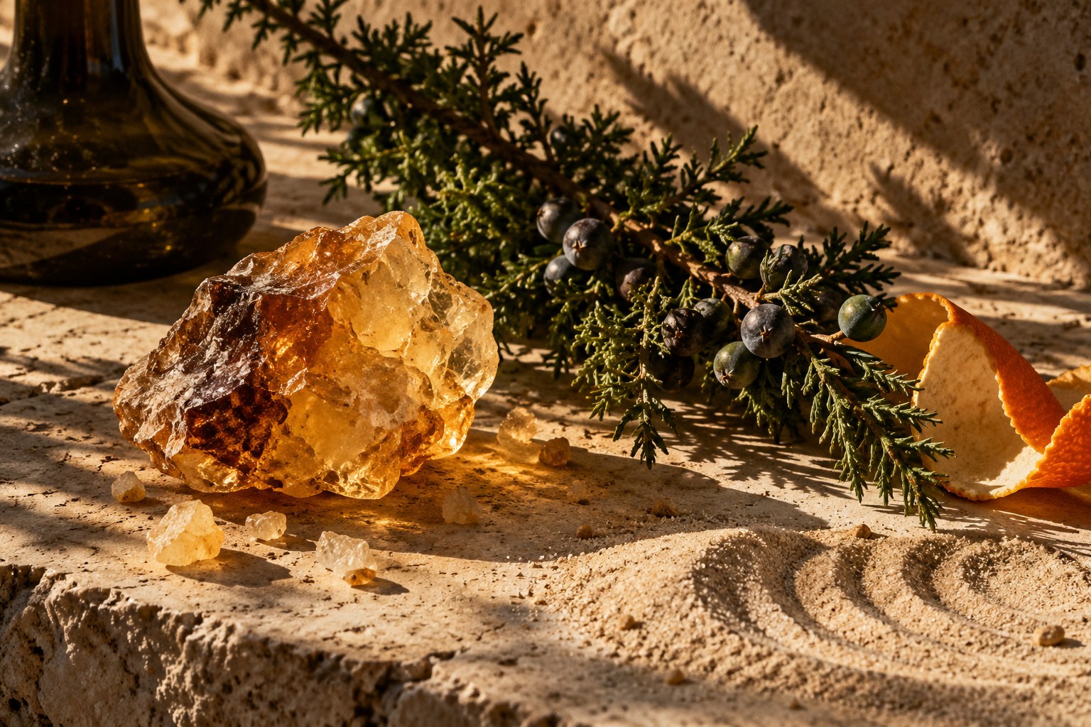 Amber resin, juniper and citrus on warm stone